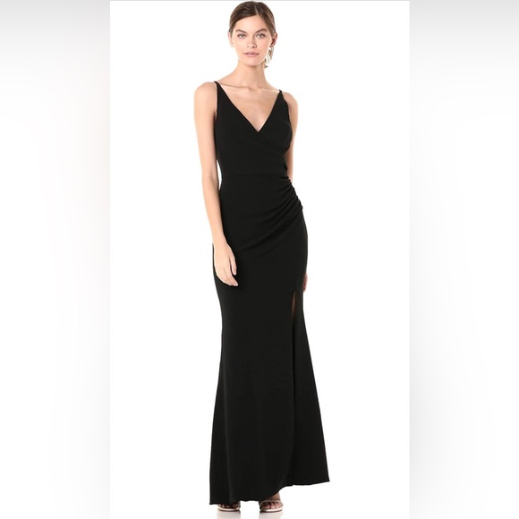 NEW Dress the Population Jordan Faux Wrap Ruched Side Front Slit Gown in Black - Picture 5 of 11